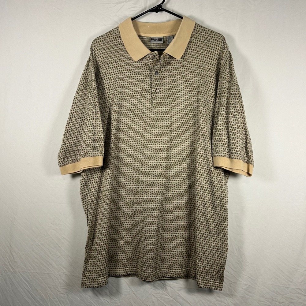 Ping Polo Shirt Mens XXL Tan Geometric Print Mercerized Cotton Short‎ Sleeve
